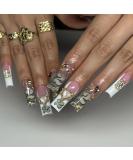 Buy French Tip Press on Nails - Long Square Pink Acrylic Nails with 5D Heart Rhinestones & Gold Dollar Charms - 24Pcs Artificial Stick on Nails for Women - Buy Online on GoSupps.com