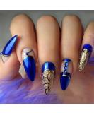 Shop Blue Press On Nails - Almond Medium Acrylic False Nails with Gold Foil & Rhinestones | Full Cover Glossy Coffin Stick-on Set - Buy Online on GoSupps.com