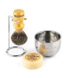 Premium 4-in-1 Shaving Brush Set | Badger Brush Wood Handle Stainless Steel Stand Organic Shaving Soap for Men - Buy Online on GoSupps.com