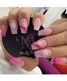 Justotry 24 Pcs Swirl Gradient Pink Fake Nails with Flower Patterns - Medium Acrylic Coffin False Nails for Women - Pretty Ballerina Stick on Nails for Nail Art - Buy Online on GoSupps.com