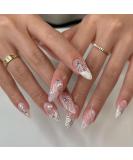 24 Pcs French Tip Press on Nails - Acrylic Medium Fake Nails with 3D Bow & Heart Charms | Stiletto & Almond Shape - Full Cover & Reusable for Women & Girls - Buy Online on GoSupps.com