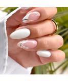 Justotry 24 Pcs White Flower Stiletto False Nails | Milky French Press on Nails | Trendy Swirl Design | Nail Glue & Almond Stick Included | Short & Medium Length | Women's Art Fake Nails - Buy Online on GoSupps.com