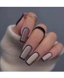 Justotry 24 Pieces Coffin Nails - Glossy Grey & Black French Press-On Nails with Glue | Medium Ballerina Fake Nails for Women - Buy Online on GoSupps.com