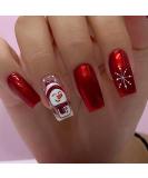 Christmas Press on Nails Cute Snowman & Snowflake Design | Glossy Red False Nails | Medium Square | Reusable Stick-on Nails for Holiday Manicure - Buy Online on GoSupps.com