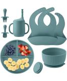 Baby Feeding Set: Silicone Bib, Suction Divided Bowl, Spoon, Fork - Toddler Utensils for Baby Led Weaning - 6 Months (Blue Green) - Buy Online on GoSupps.com
