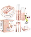 SIRSIMON 250 Piece Disposable Rose Gold Plastic Dinnerware Set - 50 Rose Gold Plastic Plates - 25 Rose Gold Plastic Silverware - 25 RoseGold Cups and Straws - 50 Fancy Napkins, Wedding or Party of 25 - Buy Online on GoSupps.com