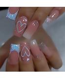 SINSEN Square Press on Nails - Medium French Tip with Heart Design Glossy Pink Fake Nails Set (24 Pcs) - Reusable & Includes Adhesive Glue Stickers - 12 Sizes Available - Buy Online on GoSupps.com