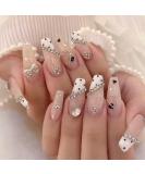 Glitter Rhinestone Press-On Nails | Long Coffin Fake Nails with Heart Design | Reusable Acrylic Square Nails for Women | Sparkly Solid Color Manicure - Buy Online on GoSupps.com