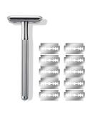 Eco-Friendly Safety Razor for Men - Zero Waste Metal Razor with 10 Blades | Chrome Silver Design - Buy Online on GoSupps.com