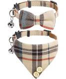Classic Plaid Bow Tie Cat Collar with Bell - 2 Pack Adjustable Collars for Cats and Small Dogs - Beige Plaid Design - Buy Online on GoSupps.com