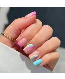 Colorful Waves French Tip Press on Nails - Glossy Blue & Pink Swirl Design | 24Pcs - Buy Online on GoSupps.com