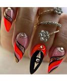 Shop Red Black Almond Press on Nails - Glitter Gold Striped Design | 24Pcs Medium Fake Nails for Weddings & Birthdays - DK68IP - Buy Online on GoSupps.com