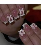 Buy French Press on Nails - Square Pink Fake Nails with Pearls & Bow Charms - 24 Pcs Summer Acrylic Full Cover for Women & Girls - Buy Online on GoSupps.com