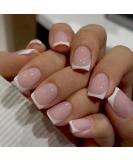 24Pcs French False Nails Short Square Press on Nails Nude Pink with White Border | Acrylic Full Cover Fake Nails for Women Girls - Buy Online on GoSupps.com