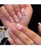 24 Pcs White French Tip Press on Nails - Short Square Fake Nails with Bow & Rhinestones | Full Cover Pink Acrylic False Nails | Glitter Flower Salon Manicure Design for Women - Buy Online on GoSupps.com