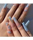 Brishow Coffin False Nails - Long Blue Flower Fake Nails | 24pcs Ballerina Acrylic Stick on Nails for Women and Girls - Buy Online on GoSupps.com