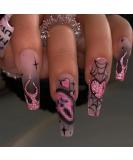 Halloween Press on Nails - Long Coffin Pink Glitter False Nails with Ghosts Hearts Flames & Spiders - Full Cover Acrylic Stick on Nails for Women - Pack of 24 - Buy Online on GoSupps.com