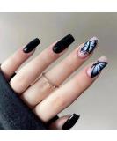 FURUBETA Medium Black Butterfly False Nails | Coffin Acrylic Press on Nails for Women and Girls - 24PCS - Buy Online on GoSupps.com
