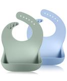 Vicloon Silicone Baby Bib 2PCS - Waterproof, Adjustable with Food Catcher Pocket - Blue-Green Unisex Toddler Bibs - Buy Online on GoSupps.com