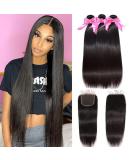 18 20 22 Brazilian Straight Human Hair Bundles with Closure | 100% Unprocessed Virgin Remy Weave - 3 Bundles + HD Lace 4x4 Free Part Closure - Buy Online on GoSupps.com