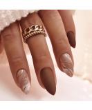 Medium Almond Press on Nails - Brown Matte with Gold Line Designs | 24PCS Full Cover Reusable Fake Nails for Women & Girls - Buy Online on GoSupps.com