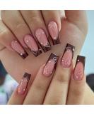 24Pcs Brown French Tip Coffin Press On Nails - Love Spot Drilling Designs - Full Cover Acrylic Fake Nails for Women - Buy Online on GoSupps.com