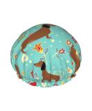Dachshunds on Turquoise Floral Shower Cap for Women - Double Waterproof Layers, Large Size - Ideal for Bathing and Hair Protection - Buy Online on GoSupps.com