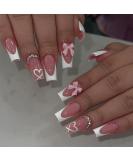 French Tip Press on Nails with Charms - Medium Long Square Acrylic Nails | Cute Bow & Rhinestones for Women - Daily Wear Perfect French Nails - Buy Online on GoSupps.com