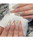 Glitter Gold Coffin Press on Nails - 24pcs Nude & Pink Black Acrylic Stick on Nails with Glue Sticker for Women and Girls - Fashionable False Nails - Buy Online on GoSupps.com