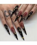Buy Black Press on Nails - Long Stiletto French Tip with Gold Moon Star Design | 24 Pcs Acrylic Fake Nails for Weddings & Manicure - Buy Online on GoSupps.com