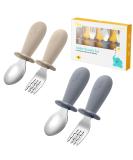 Qkie 4-Pack Stainless Steel Baby Cutlery Set | Toddler Fork & Spoon with Silicone Handles | Ideal for 10+ Months | Sand White & Gray - Buy Online on GoSupps.com