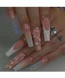 Buy Hkanlre French Pink Press on Nails | Coffin Long Heart Fake Nails - 24PCS Full Cover Ballerina Shiny False Nails for Women & Girls - International Shipping Available - Buy Online on GoSupps.com