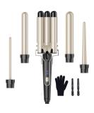 Lockenstab Set 5 in 1 - Curly Bars 3 Barrels for Large Curls Ceramic Curlers with Temperature Adjustment Fast Heating Gloves & Clips - Gold - Buy Online on GoSupps.com