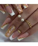French Tip Press on Nails - Long Gold Foil Square Shape Reusable Gel Nails - 24 Pcs Glossy Nude Stick-On Nails for Women & Girls - Buy Online on GoSupps.com