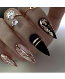 Luxury Black Almond Press on Nails - Short Medium Acrylic Fake Nails with Gold Glitter - 24Pcs Glossy Full Cover for Weddings & Special Occasions - Buy Online on GoSupps.com