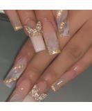 Buy Glossy Ombre Nail Press Ons - 24Pcs Coffin Fake Nails with 3D Butterfly & Gold Glitter - Ideal for Women - Buy Online on GoSupps.com