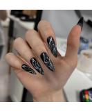 JUSTOTRY Glitter Stiletto Fake Nails - 24 Pcs Long Black French Press on Nails with Beautiful Swirl Almond Patterns - Extra Long False Nails with Glue for Women's Nail Art - Buy Online on GoSupps.com