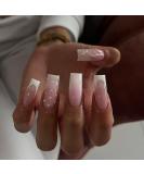 Mouyouglow Press-On Nails | Ombre Pink White French 3D Rhinestones & Butterfly Print | Long Square Fake Nails with Glue | Pink Artificial Fingernails W8 - Shop Internationally! - Buy Online on GoSupps.com