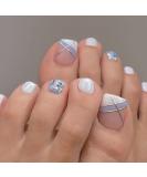 Blue White Glitter French Tip Square False Toenails - Full Cover Short Acrylic Toe Nails for Women - Buy Online on GoSupps.com