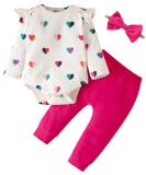 Koonde Baby Girl 3-Piece Outfit Set | Romper, Trouser & Headband | Cream Heart + Magenta | 6-12 Months - Buy Online on GoSupps.com