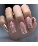 24pcs Medium Coffin False Nails Pink Glitter Silver with Flowers - Press on Nails for Women & Girls | Removable Glue-on Nail Art Kit - Buy Online on GoSupps.com