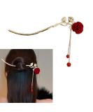 Chinese Style Rose Flower Hair Clip with Metal Leaves and Pearl Tassel - Red - Buy Online on GoSupps.com
