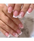 French Tip Press on Nails - Short Medium Coffin Design | White Glitter Gold Heart | 24Pcs Glue on Nails for Women | Perfect for Wedding & Birthday - Buy Online on GoSupps.com