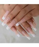 24pcs Long Square Nude White French Tip Press On False Nails for Women - Glossy Gel Full Cover Manicure - Buy Online on GoSupps.com