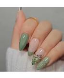 Green Press on Nails - Medium Almond Shape | Butterfly & Flower Design | Pink Glossy Ombre Fake Nails for Women | Trendy Press Ons - Buy Online on GoSupps.com