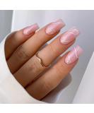 Justotry 24 Pcs White Swirl Press on Nails Medium Designs - Glossy Pink False Nails with Nail Glue - French Stick on Nails for Women, Teens, and Girls - Squoval Fake Nails for Nail Art - Buy Online on GoSupps.com