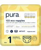 Pura Eco-Diapers Size 1 (Newborn 2-5kg) - 132 Organic Cotton Diapers EU Ecolabel Certified Sensitive Skin Monthly Box Moisture Indicator - Buy Online on GoSupps.com
