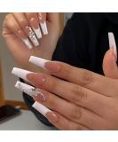 24 Pcs Press on Nails Long Fake Nails Acrylic Ballet French White Illuminate Butterfly adhesive tape on Nails Design Nails for Women and Girls Rhinestone Butterfly - Buy Online on GoSupps.com