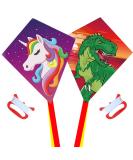 Diamond Kite 2 Pack Dinasour+Unicorn Eddy Kite, Beginners Kite for Children, Wonderful Beginner Kite for 3 Years up, 60x70cm with 2x300cm Long Tails, Kite Handle, 60m String and Swivel incloud - Buy Online on GoSupps.com