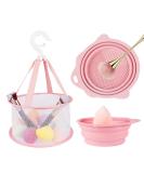 Makeup Brush Cleaning Mat & Hanging Drying Net Set - Pink | Silicone Cleaner Bowl with Mesh Rack | Dry Sponge, Powder Puff & Brushes - Buy Online on GoSupps.com